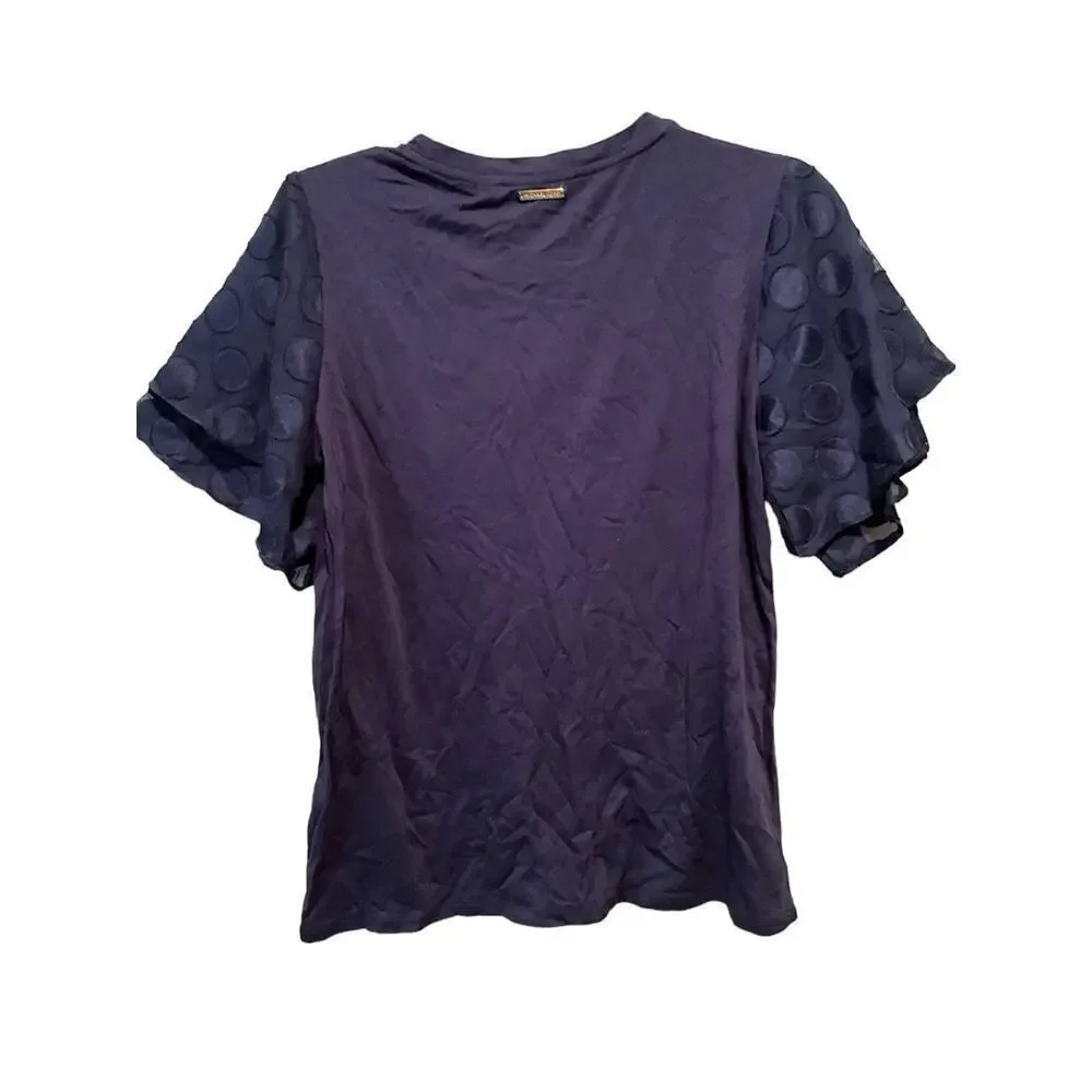 Michael Kors Blouse Top‎ Women SZ L Blue Polka Dot Ruffle Short Sleeve Crew Neck